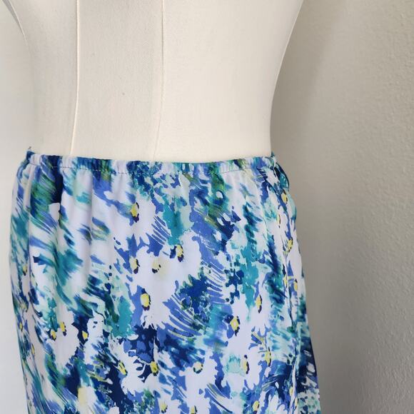 Vintage Karin Stevens Y2K Blue Abstract Print Midi Skirt Flared Panels L - Picture 2 of 7
